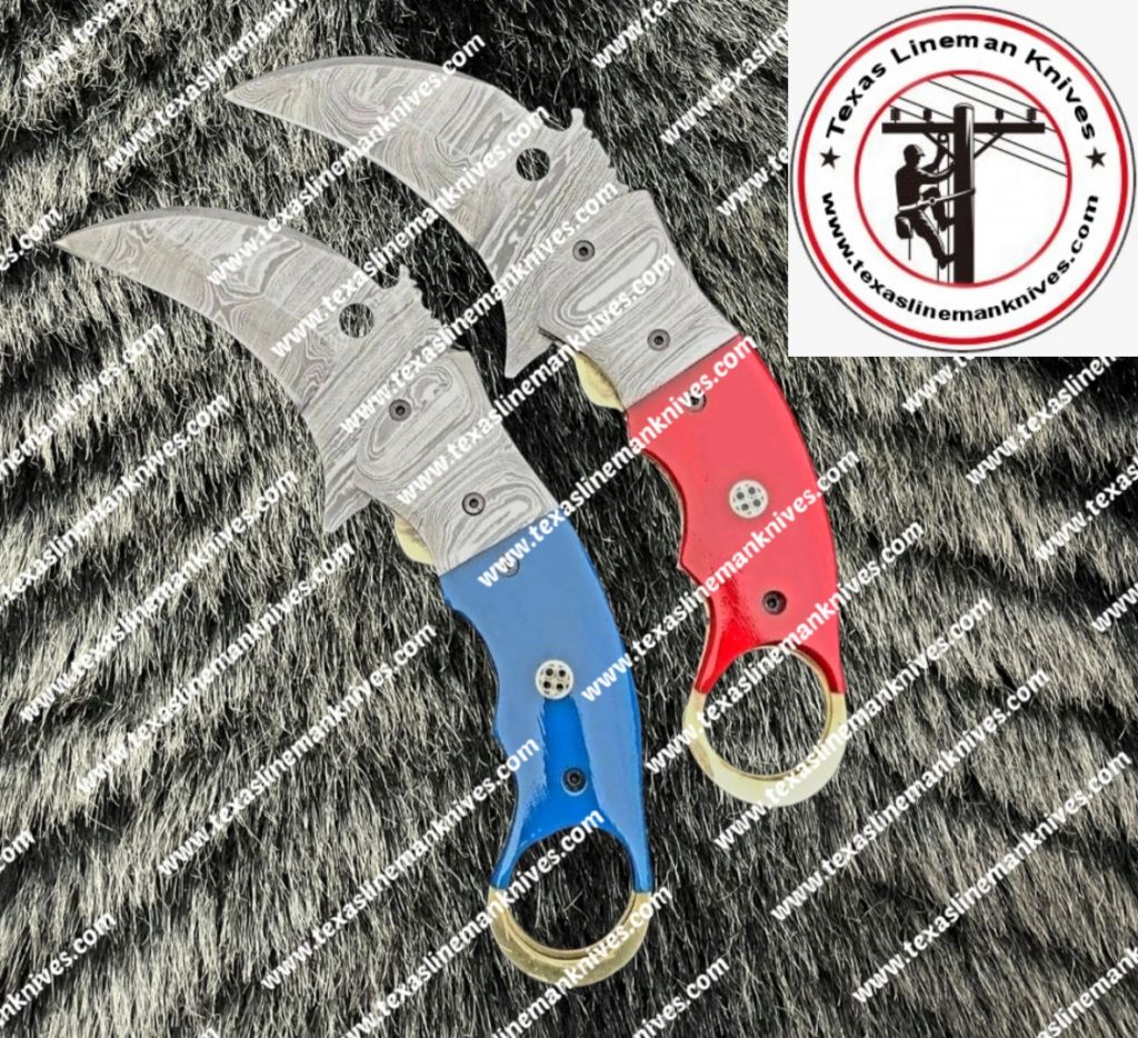 Handmade Damascus Steel Karambit Pocket Knives Set Texas Lineman Knives