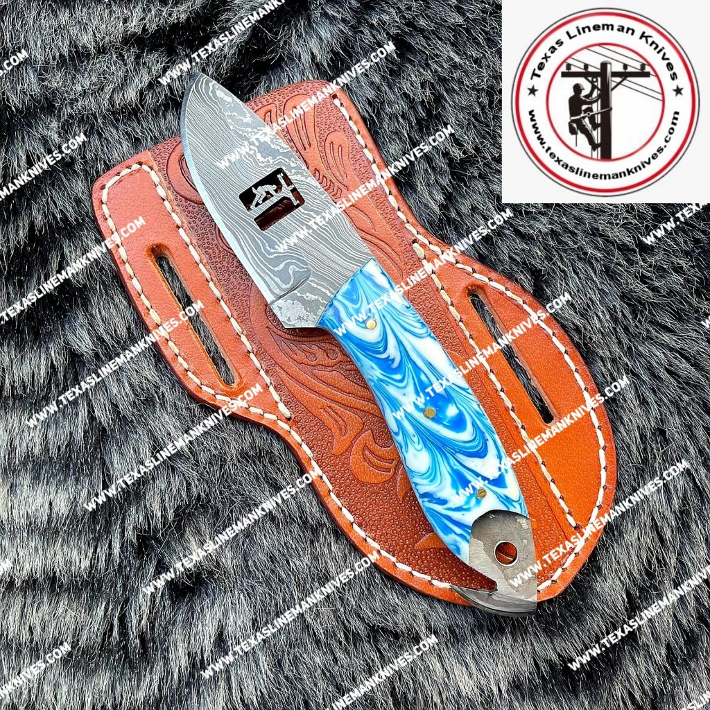 Custom Handmade Damascus Steel Lineman Skinner Knife Texas Lineman Knives